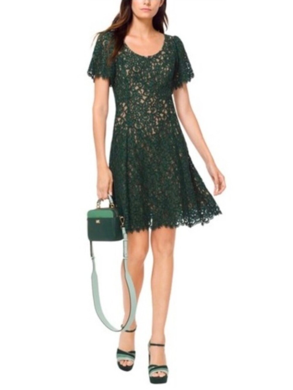 Michael Kors Emerald green lace flared dress Size 6